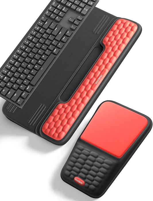 Vaydeer Keyboard Stand and Mouse Pad Set with Wrist Rest, Computer Wrist Support Pad, Soft Memory Foam Desk Cushion, Ergonomic Keyboard Riser Holder Lift with Wrist Support for Office, Gaming, Red