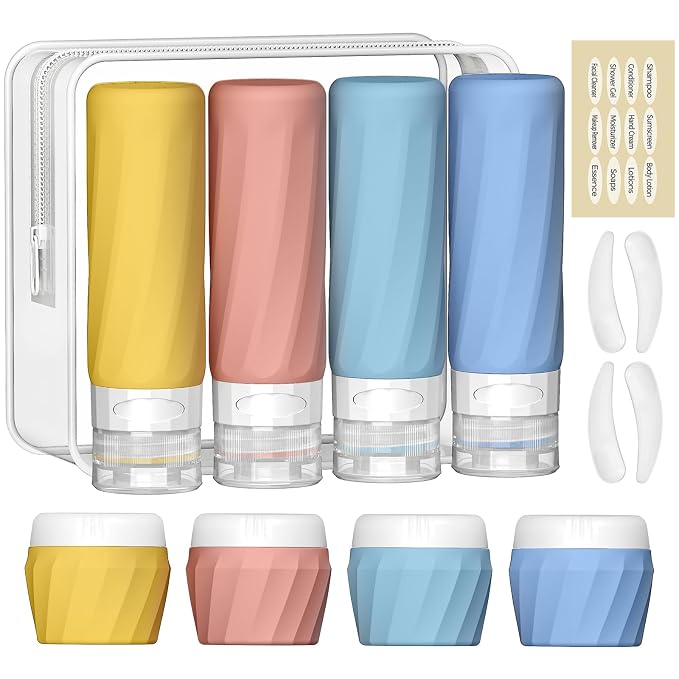 Silevoler 14pack Travel Bottles for Toiletries, TSA Approved Travel Size Toiletries Containers Set, Premium Silicone Leak Proof Refillable Bottles & Creams Jars Accessories Kit W/Clear Bag (Bright)
