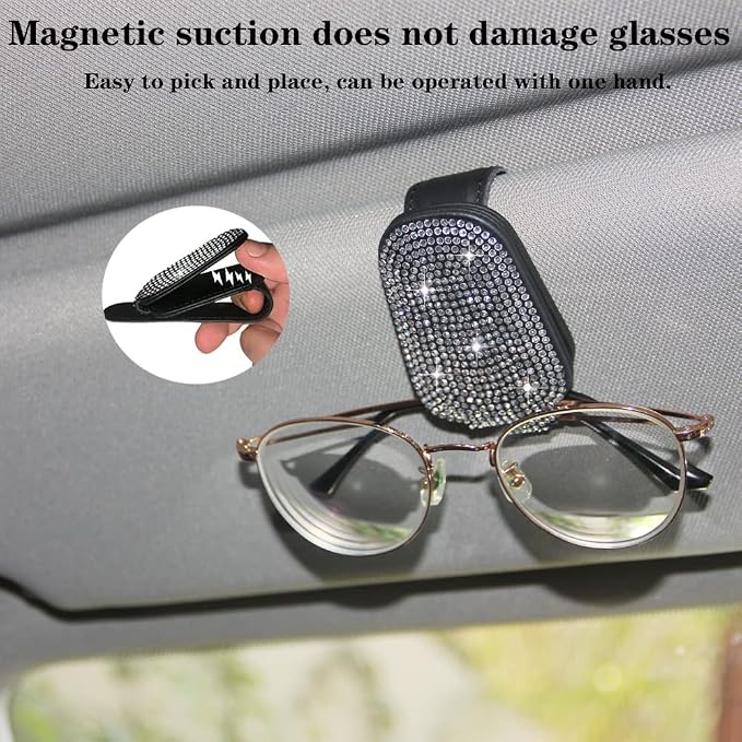 ACODABLEM Bling Car Glass Holder Sun Visor, Bling Crystal Rhinestone Sunglasses Magnetic Holder Mount Universal Eyeglasses Hanger Clip, Ticket Card Clip for Car, Car Sun Visor Accessories (Sliver)