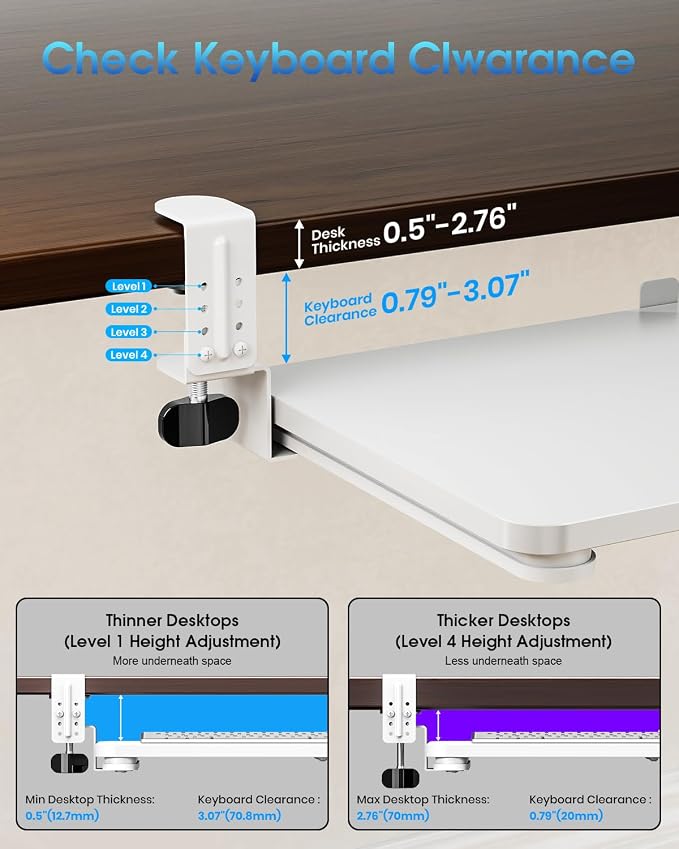 Large Keyboard Tray Under Desk, Pull Out Keyboard & Mouse Tray with Adjustable C-clamp, 25.6(31.5 Including Clamps) x 11.8 Inch Slide Out Computer Keyboard Drawer Mouse Tray for Typing, White