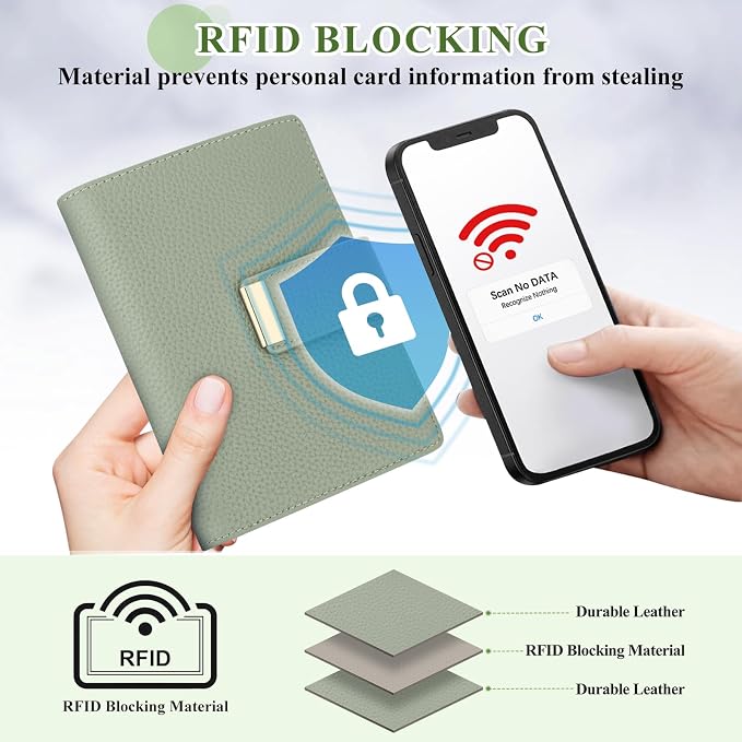 BKNOOU RFID Blocking Passport Holder with Airtag Slot- Leather Travel Passport Wallet for Women & Men, Slim Bifold Travel Passport Holder Holds Cards & Tickets & Cash (Green)
