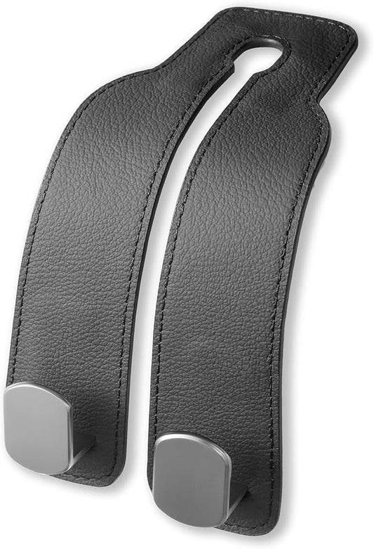 Jayanes Genuine Leather Car Seat Hooks for Headrest - Flexible Car Seat Back Storage Hook for Purses and Bags, Upgraded Car Purse Hook Holder Hanger Organizer for Head Rest (Black-1 Pack)