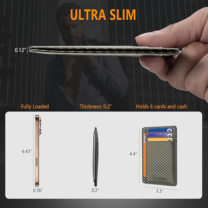 Travelambo Front Pocket Minimalist Leather Slim Wallet RFID Blocking Carbon Fiber Texture