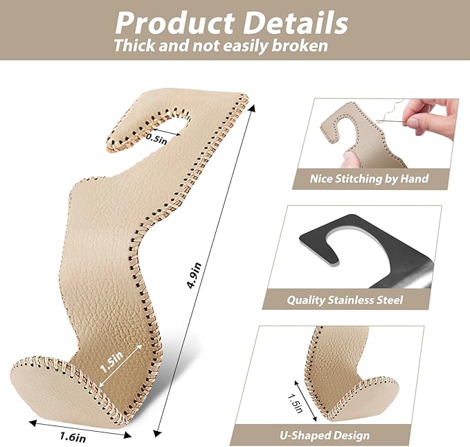 Purse Hook for Car, Purse Holder Car Headrest Hooks Leather for Hanging Purses and Bags, 2 Pack Beige