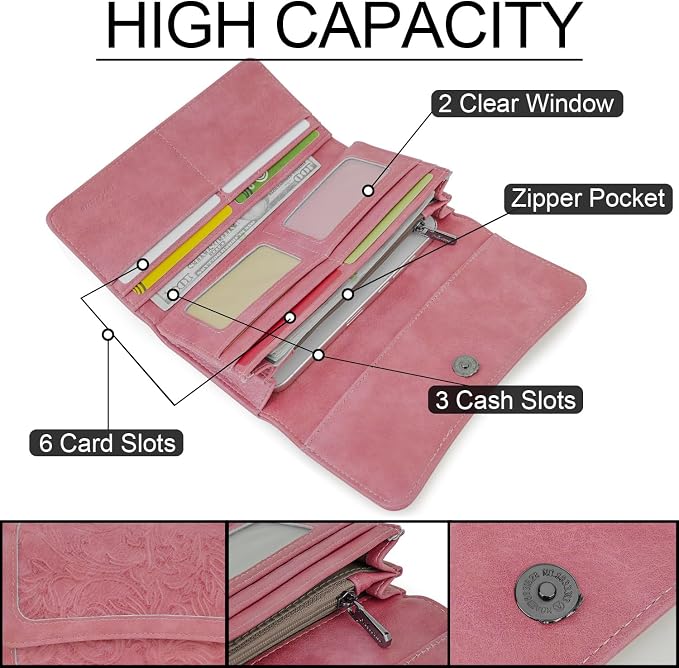 MEITRUE Women's Wallet Leather RFID Blocking Trifold Ladies Purse Embossed long Clutch Card Holder Phone Checkbook Organizer