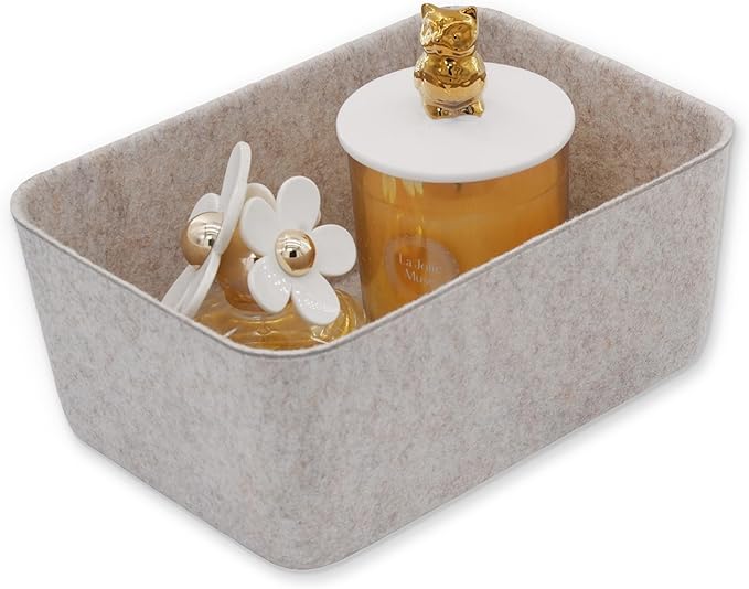 Welaxy Felt deep Storage Bins lidded Drawer Organizer Caddy for junk stuff stationery makeup jewelry closet bathroom minimalist lifestyle (Oatmeal Bin, S)