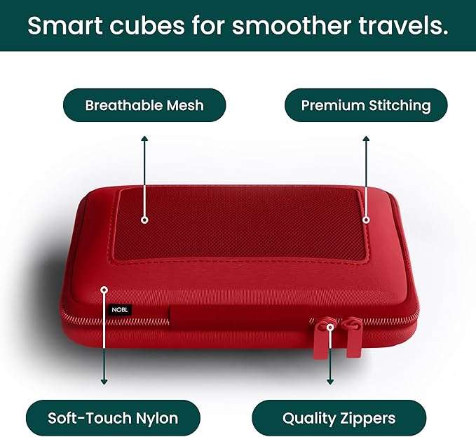 NOBL Travel Compressible Packing Cubes Set, 6 Pieces Travel Packing Organizers, Compression Luggage Cubes for Suitcases & Carry On, Space Saving - Cherry Red