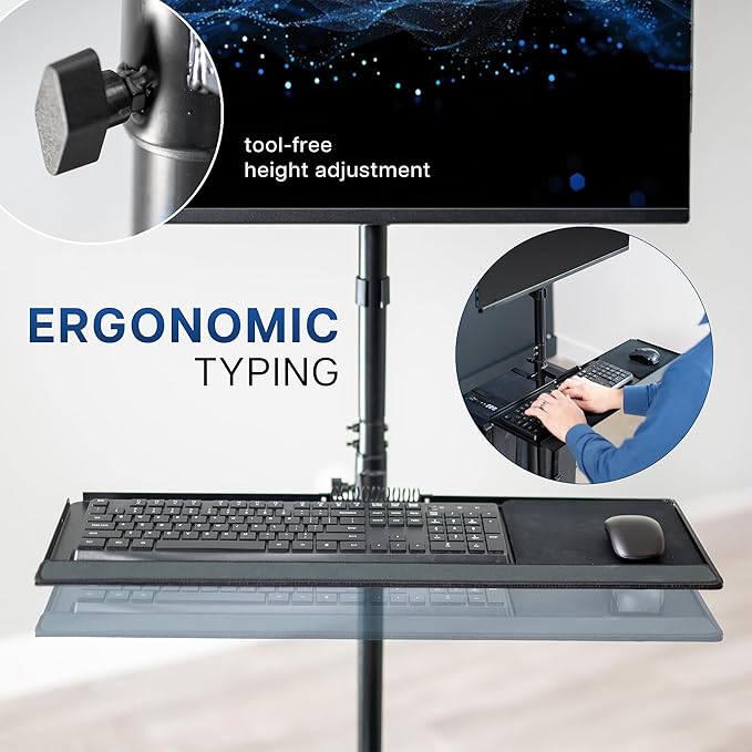 VIVO Mobile Computer Cart with Monitor Mount for up to 32” Screens, Rolling PC Desk Workstation, Full Keyboard Tray, Adjustable CPU Holder, Black, CART-PC02T