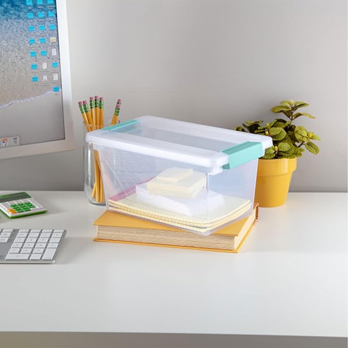 Sterilite Medium Clip Box Stackable Storage Bin with Latching Lid for Home, Office, School, Organize Paper, Notebooks, Crafts, Clear Lid, Base, 1-Pack