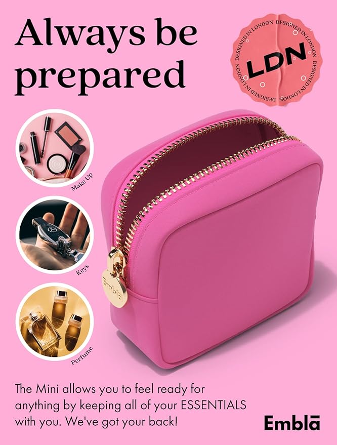 Embla Small Makeup Bag for Purse, Mini Waterproof Nylon Cosmetic Pouch, Durable and Lightweight Travel Toiletry Bag with Smooth Zipper, Hot Pink