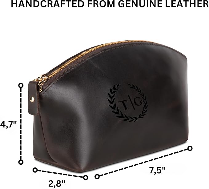 Blade Premium Personalized Genuine Leather Cosmetic Makeup Bag - Wedding Gift for Bridesmaid, Travel Organizer Clutch for Women with Zipper Pouch for Toiletry Essentials (Avanza Chestnut)