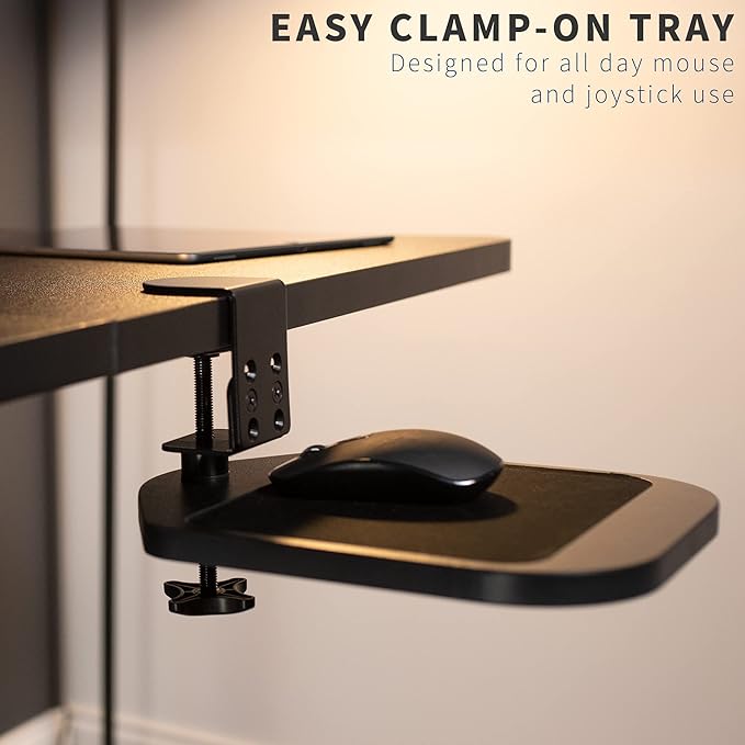 VIVO Clamp-on Wooden Mouse Pad Holder Platform, Adjustable Under Desk 360° Rotating Tray Rest Extension Attachment, up to 2 inch Desktops, Black, MOUNT-MS01B