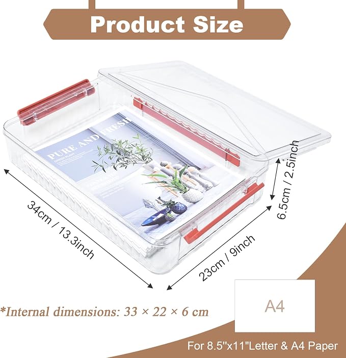 Clear Storage Boxes with Lid - A4 Transparent Paper Storage Organiser with Handle and Portable Project Case Drawer Organizer for Storing Certificates Photos Scrapbook and Invoices(Red Handle)