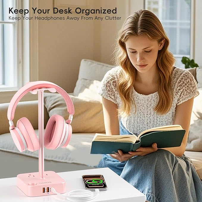 Pink Headphone Stand with USB Charger, Gaming Headset Holder with 3 USB Ports & 2 AC Outlets, PD Fast Charging & QC3.0, Desk Organizer for Girls, Gifts for Her,Girlfriend,Teen, Pink Gaming Accessories