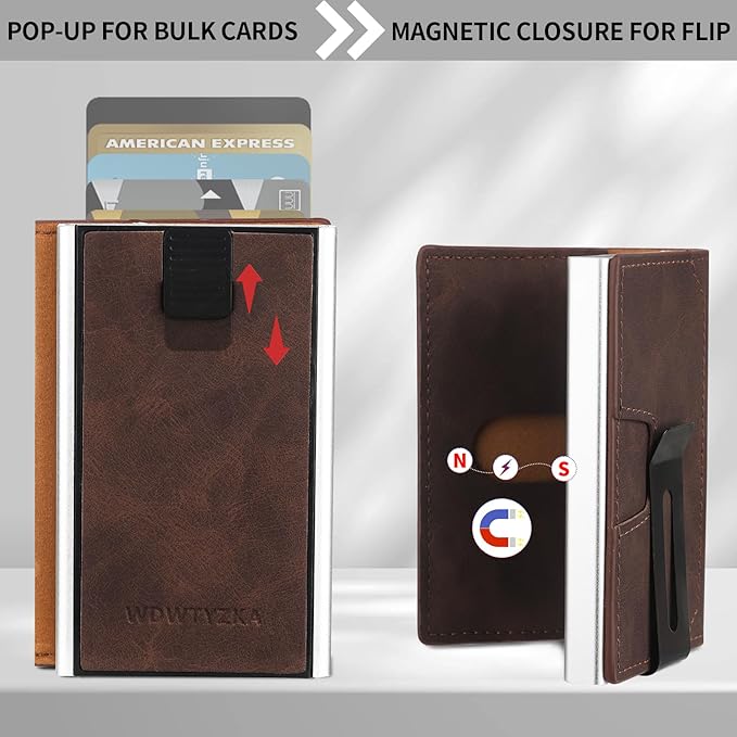 Mens slim Wallet，with RFID Shielding, Holds 9 Cards Easily, card wallet for Men, Minimalist Wallet For Men, Made of aluminum and Pu Synthetic Leather, Includes Cash clip (Coffee Color)