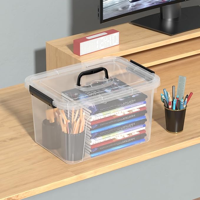 Clear Plastic Storage Containers Bins Boxes with Lids and Handles, 10.5 L Clear Storage Latch Box, 4 Packs