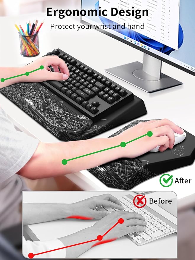 3-in-1 Ergonomic Keyboard Stand with Wrist Rest & Mouse Pad Set, Comfy Keyboard Riser Holder Soft Mousepad with Massage Design, Memory Foam and Non-Slip PU Base for Pain Relief, Black Wave of Kanagawa