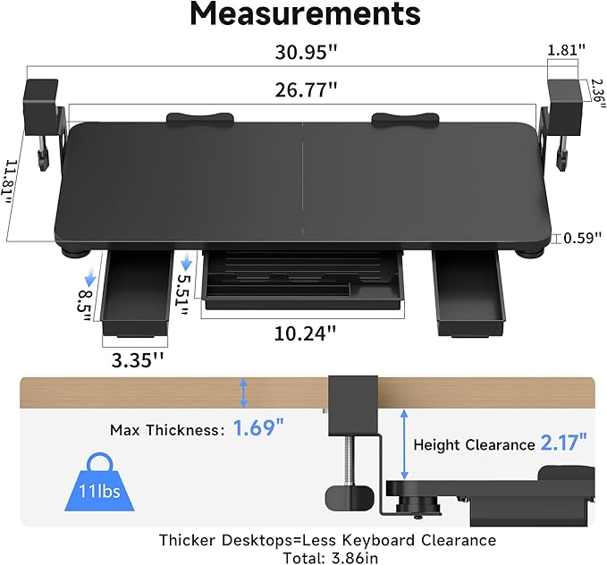 XINLEI Keyboard Tray Under Desk with Storage Drawer Large C-Clamp 26.7”(31” Including Clamps) x 11.8” Slide-Out Platform Computer Drawer Pull Out Keyboard & Mouse Tray DSF7CT