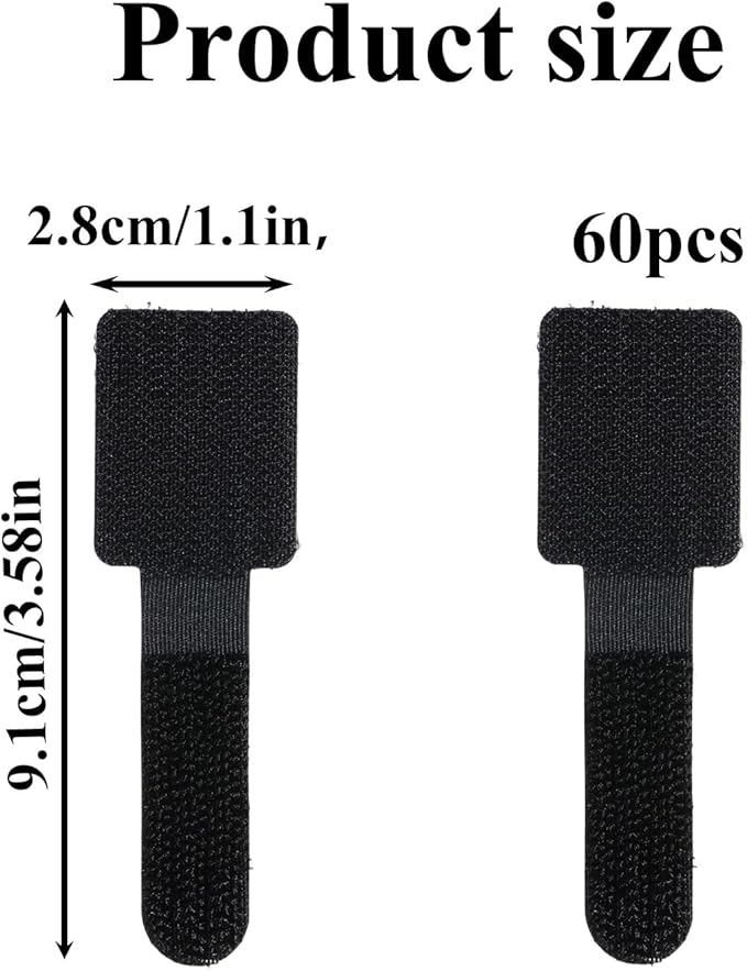 cobee 60 Pcs Hook and Loop Cable Ties, Under Desk Cable Management Reusable Wire Organizer for Cords Adhesive Cables Clips Adjustable Sticky Cord Organizer for Home Office Desk(3 x 9cm, Black)