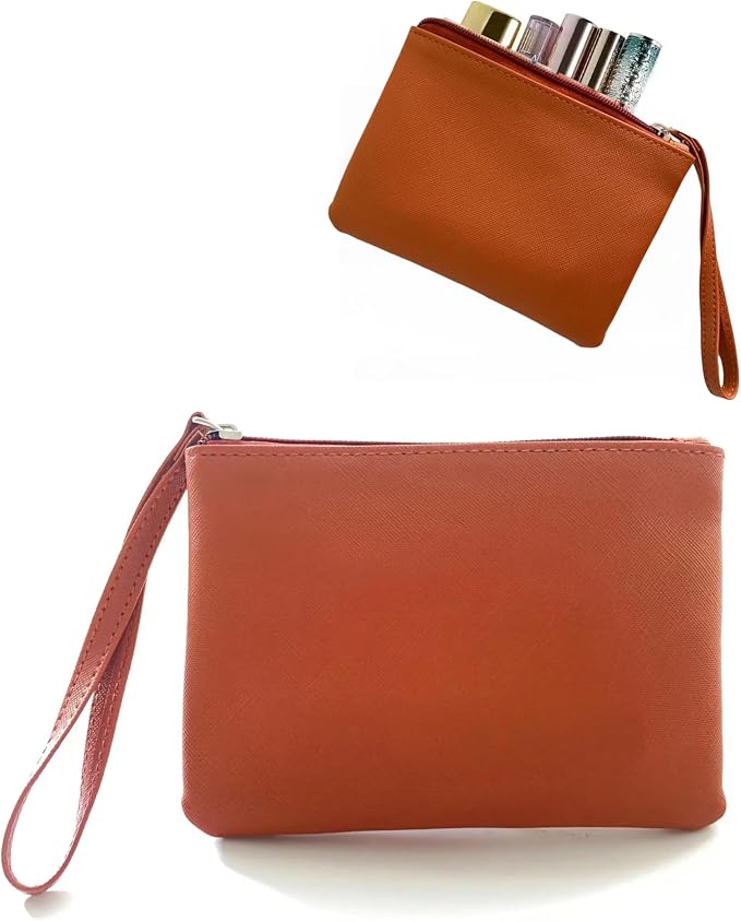 Small Makeup Bag for Purse Mini Cosmetic Pouch Zipper Little Wristlet, Tiny Make Up Organizer Lipstick Feminine Product Car Change Coin Holder for Women, 4.5 x 6.5 Clutch Stadium Approved, 1 Brown
