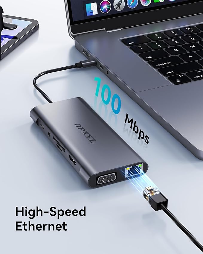 11-in-1 USB C Hub Multiport Adapter, USB C Docking Station with 4K HDMI, VGA 1080P, 100W PD, Ethernet, SD/TF, Audio, USB 3.0 Port, Laptop Dock for MacBook Pro/Air, iPad, Windows
