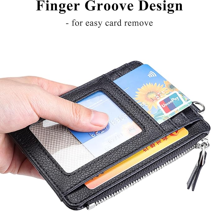 Teskyer Slim Card Holder Wallet with Zip Pocket, RFID Blocking, Total 9 Compartments Large Capacity, 3.5" x 4.7" (Slight Larger Than Usual), Faux Leather - Black