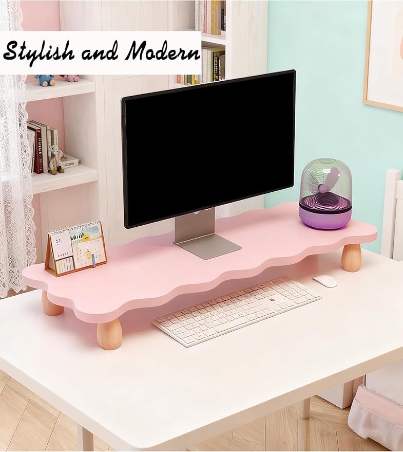 Monitor Stand Riser, Cloud-Shaped Sturdy Wood Computer Monitor Riser, Laptop Monitor Stand, Multi-Purpose Desktop Organizer Riser for Computer, Laptop, Printer, TV (Pink)