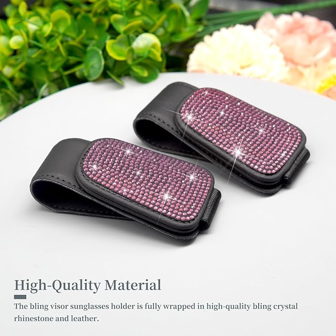 Yuchew Bling Sunglass Holder for Car Visor Magnetic Leather Sunglasses Visor Clip, Eyeglass Hanger Ticket Card Clip