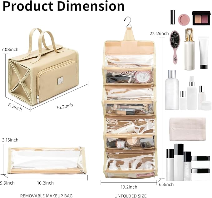 ROYALFAIR Roll Up Makeup Bag, Travel Toiletry Bag for Women with 4 Clear TSA Approved Pouches, Hanging Travel Organizer, Folding Cosmetic Bag for Men and Women (khaki)