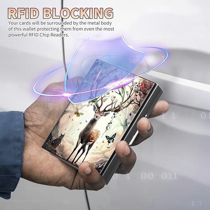 Slim Credit Card Holder, Decorative Deer Butterfly RFID Blocking Metal Wallet for Men & Women, Aluminum Minimalist Hard Case Pocket-Sized Business Cards Organizer (Fits Up to 10 Cards)