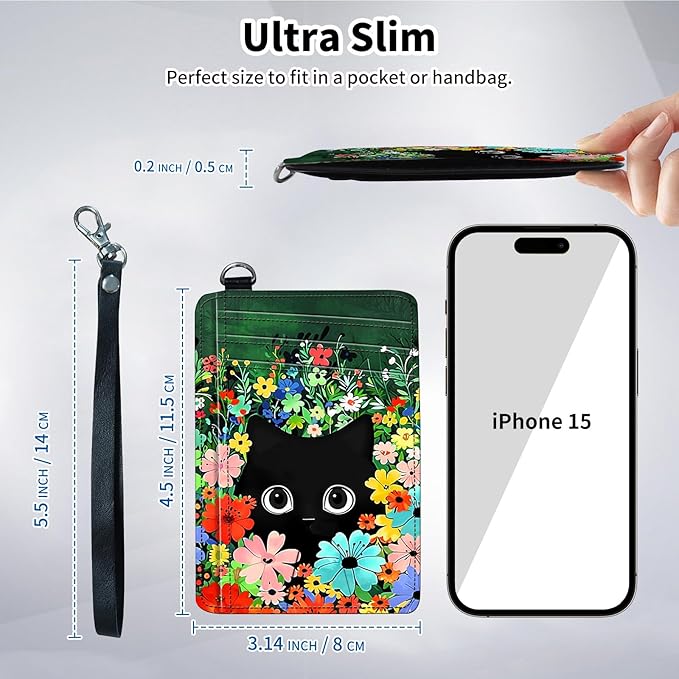 Slim Minimalist Front Pocket Wallet,Credit Card Holder Wallet for Women Men,RFID Blocking Credit Card Holder Case Leather Cute Small Thin Wallet ID Window&Wrist Strap,Cute Cat Floral