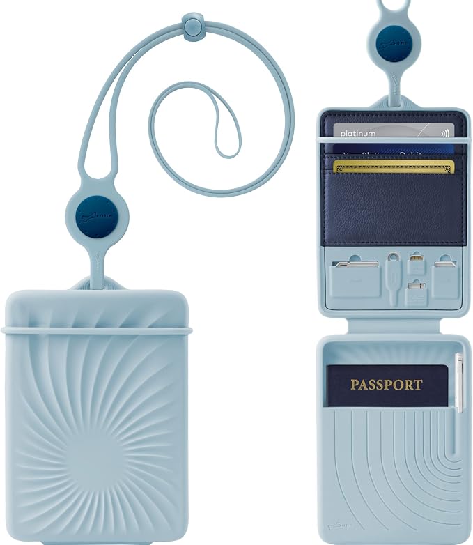 BONE Lanyard Passport Holder, Passport Cover with Travel Gadget Set & Card Slots, Duel-Sided Passport Wallet with Leather & Premium Silicone (Blue - Lanyard)