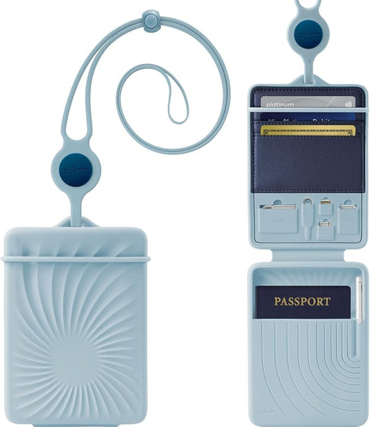 BONE Lanyard Passport Holder, Passport Cover with Travel Gadget Set & Card Slots, Duel-Sided Passport Wallet with Leather & Premium Silicone (Blue - Lanyard)