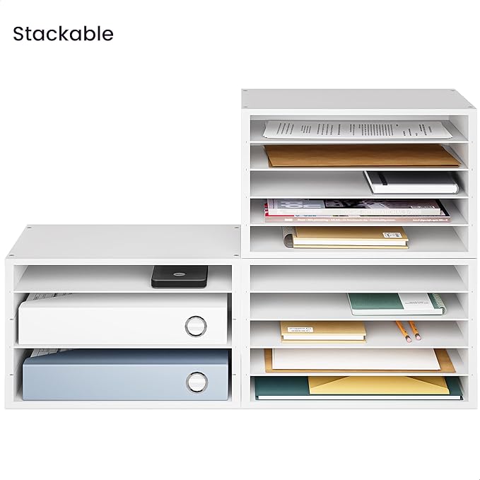 Ballucci 5 Tier Paper Organizer Letter Tray, Wood Desk File Organizer with Adjustable Shelves, Home Office School Letter/A4 Mail Sorter Magazine Holder - White