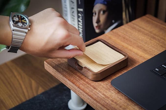 MUUJEE Wooden Office Desk Note Holder Organizer - 3.75 x 3.75 for Work Teacher Dad Wood Tray Post It Sticky Notes Work Minimalist Rustic