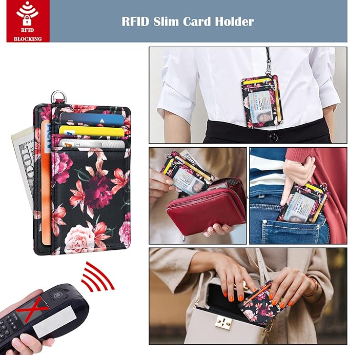 Coco Rossi Slim Front Pocket Wallet RFID ID Card Holder Cute Small Wallet with Wrist Lanyards Key Chain Holder for Women,Black Flowers