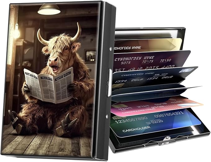 Metal Wallet,Credit Card Holder for Women Men,RFID Blocking Card Holder Wallet Mini Slim Aluminum Wallet ID Case Hard Card Case Business Card Holder Case,Cute Cattle Newspaper
