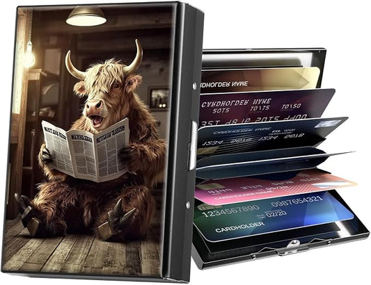 Metal Wallet,Credit Card Holder for Women Men,RFID Blocking Card Holder Wallet Mini Slim Aluminum Wallet ID Case Hard Card Case Business Card Holder Case,Cute Cattle Newspaper