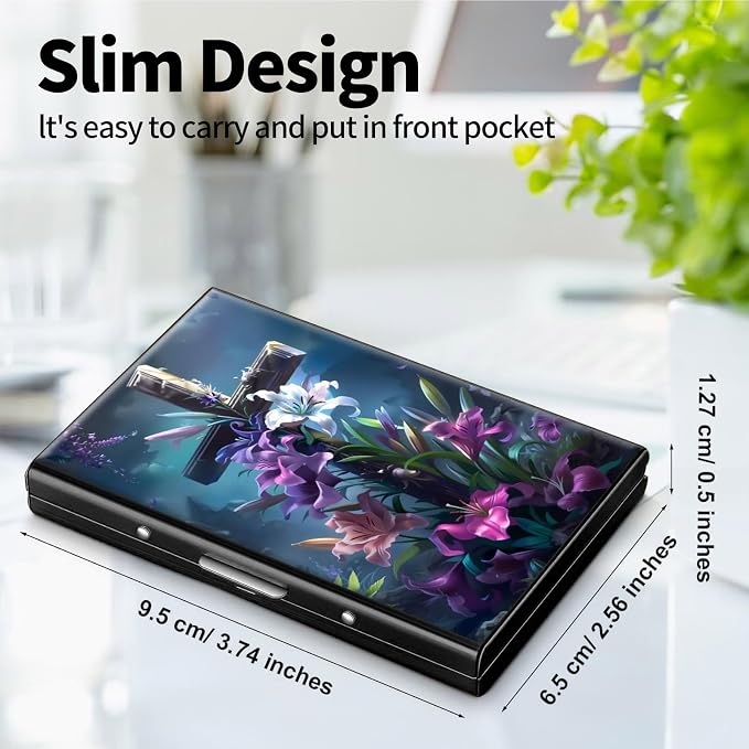 Metal Wallet for Women Men Girls, RFID Blocking Slim Aluminum Credit Card Holder, Mini Travel Wallet with Hard Shell, Lightweight ID & Business Card Case,Christian Jesus Cross Flower