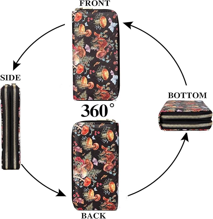 Mushroom Wallet for Women Ladies Purse Large Extra Capacity Zip Around Wallets (Mushroom print)