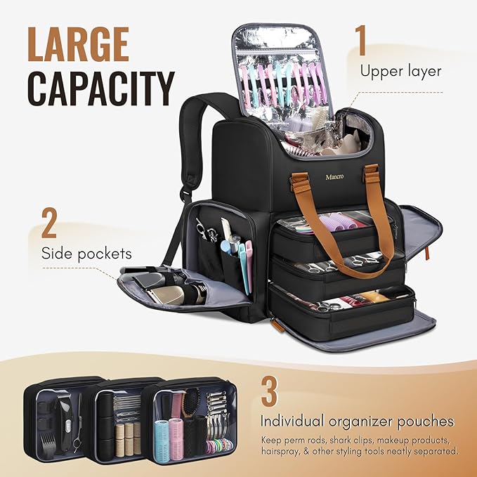 Mancro Hairstylist Travel Bag, 2-Layer Cosmetology Bag with 3 Separate Pouches and 2 Side Pockets, Professional Barber Bag Backpack with Adjustable Dividers for Cosmetology Supplies,Black