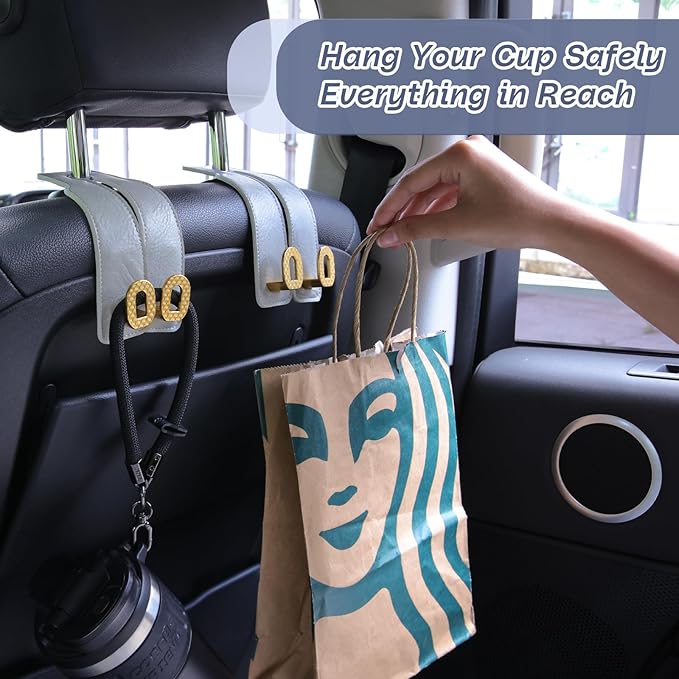 Car Headrest Hooks Universal Car Purse Hook Premium Leather and Alloy Twin Hook Car Seat Back Storage Hanger Hook for Purse Bags Cloth Drink Durable Holder Car Accessories (BH09-Grey-Gold)