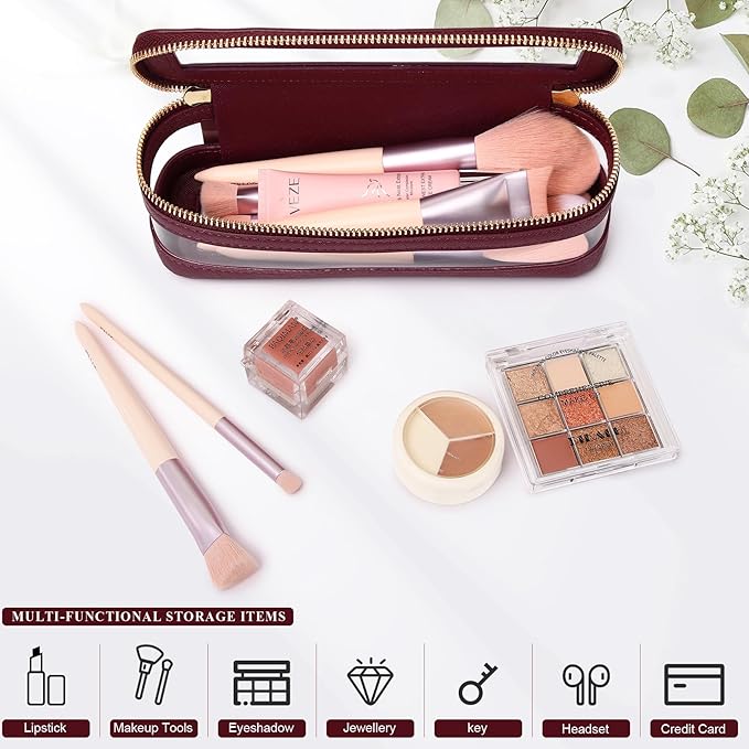 Pinkmik Makeup Brush Case Clear Travel Cosmetic & Toiletry Bag Slim Makeup Bag with Zipper Small Purse Organizer Car Essential for Women (X/Burgundy, SLIM)