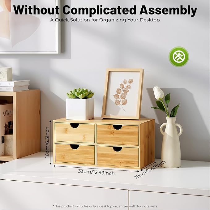 Desk Organizer 4 Drawers Tabletop Storage Organization Box, No Assembly Needed for Home Office Storage, 12.99 * 7.48 * 6.3in (2 above & 2 below)