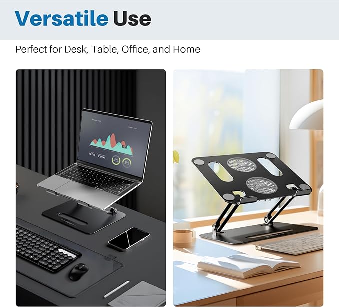 Adjustable Laptop Cooling Stand with 2 Quiet Fans & RGB Lighting, Aluminum Alloy & Foldable Ergonomic Design for MacBook, Lenovo, ASUS, Dell 10-16 Inch, Perfect for Gaming, DJ, Office - Black