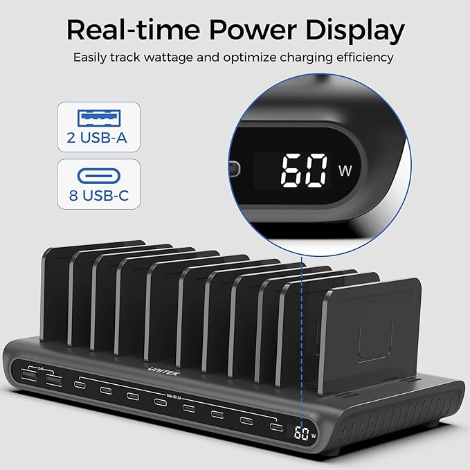 Unitek 10-Port Desktop Charging Dock Ultimate Charging Station for Multiple Devices, iPhones & Apple Products High-Speed USB Hub with LED Display for Office, Kitchen Counter, Desk Organizer