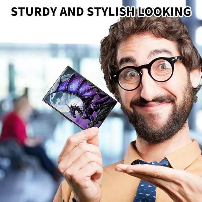 FUYOCWE RFID Credit Card Holder,Small Metal Credit Card Case Wallet,Slim Mini Business Card Holder Organizer Hard ID Case Security wallet for Men Women -Purple Arcient dragon