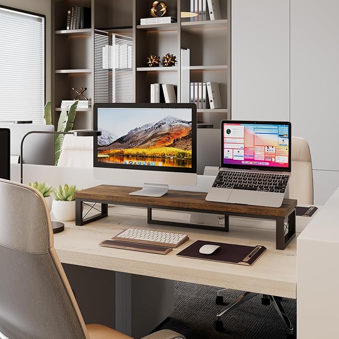 IBUYKE Large Dual Monitor Stand Riser for 2 Monitors, Wooden Desktop Computer Monitor Stand Storage Shelf and Steel Legs,Dual Screen Office Desk,Monitor Riser for Computer, Printer,Laptop,TV,Rustic Brown UTDJ002H
