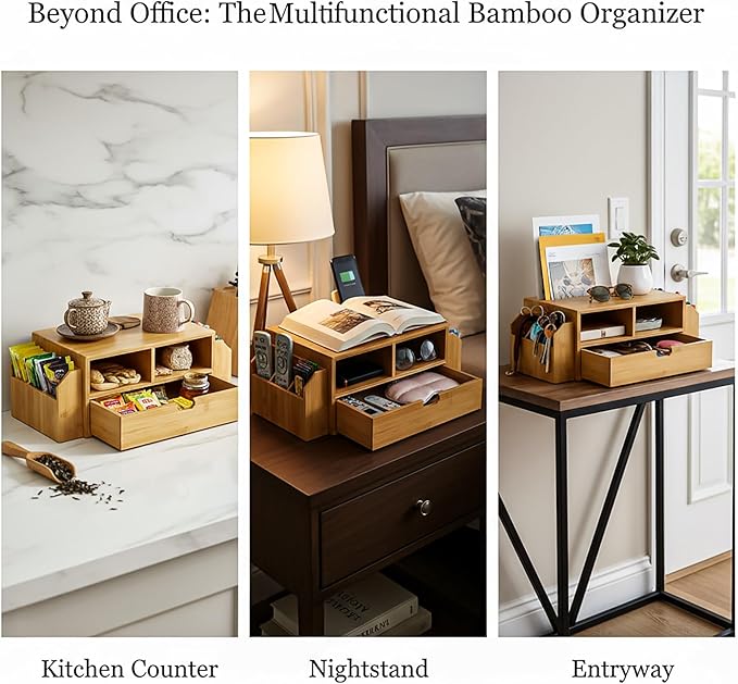 Hiceeden 2 Tier Bamboo Desktop Organizer, Desk Monitor Stand Riser with 1 Drawer and 2 Pen Holder, 2 Compartment Computer Desk Storage Organizer for Laptop, Printer