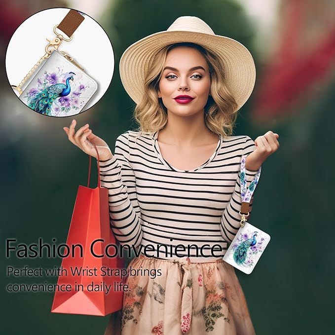 Blusabaca Credit Card Holder for Women, Peacock Small RFID Blocking Wallet with Wristlet Strap, Keychain Wristlet Zipper Women Wallet, Leather Card Case, Accordion Card Wallet Purse with Key Lanyard